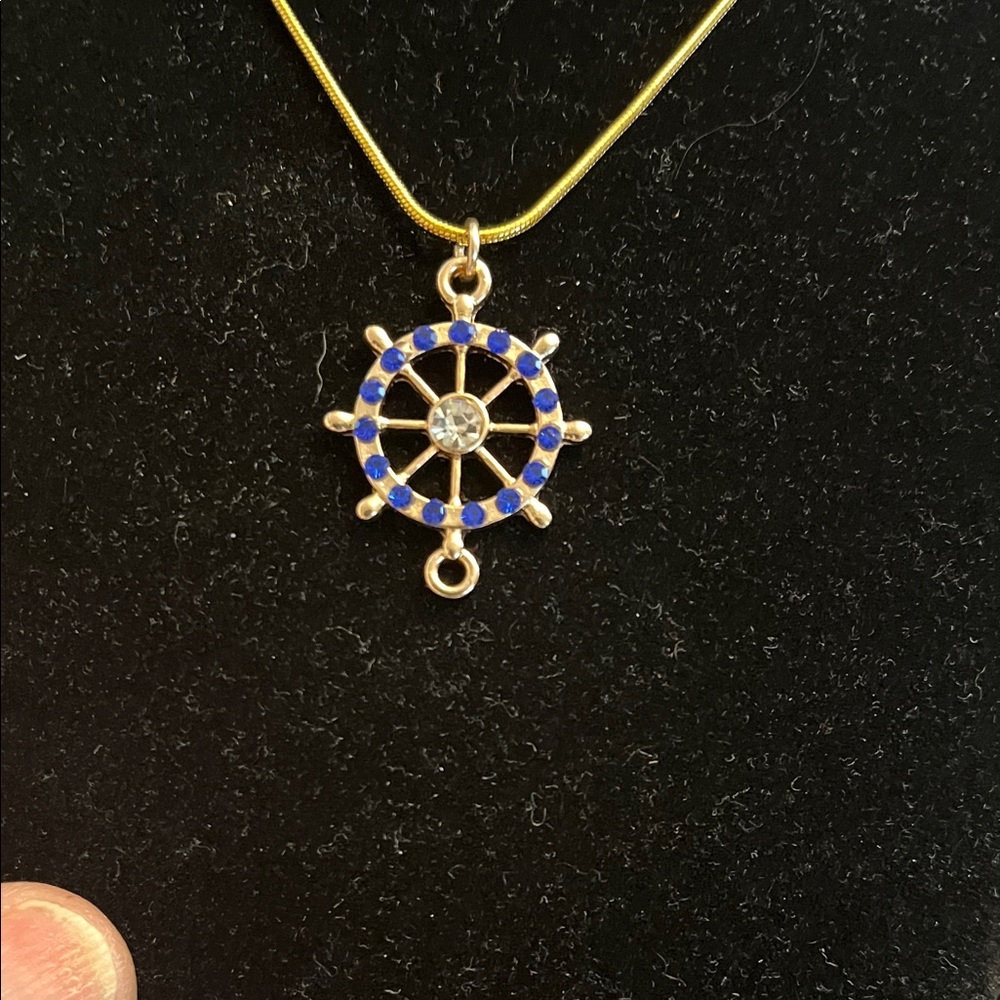 Gold-Tone Blue Enamel Ship Wheel Pendant Necklace - Women Jewelry